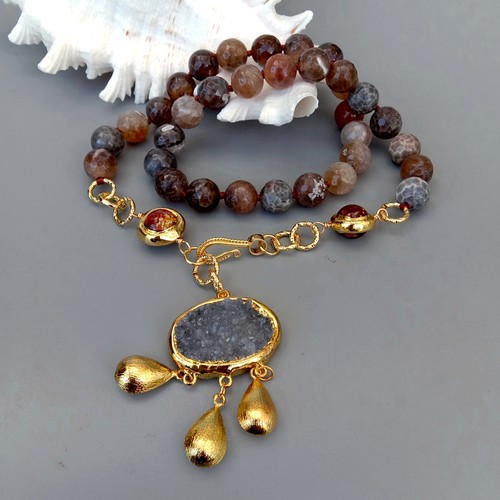 Faceted Brown Agate Murano Glass Necklace Quartz Druzy Oval Shape Pendant 22" - Picture 4 of 6