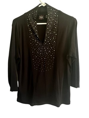 Rafaella L Rhinestone Embellished V Neckline 3/4 Sleeves Black Glam Sparkles