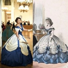1860 Vintage Victorian EveningDress Elegant Blueand White Laced Applique Pleated