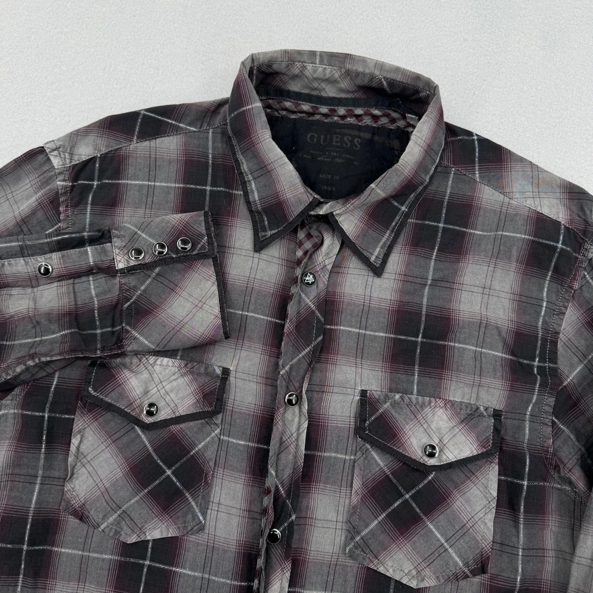 Camisa de hombre Guess a cuadros occidental con botones a presión negra a cuadros manga larga grunge