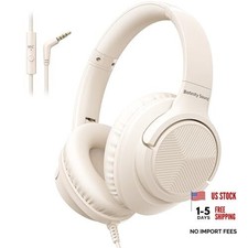 Headphones Wired with Microphone, Over Ear Foldable 3.5mm Plug in Beige White