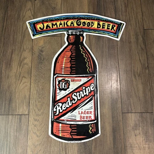 Vintage 20" Red Stripe Lager Beer Bottle Tin Metal Bar Sign 'Jamaica Good Beer'