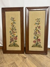 Antique Vintage 30” Framed Embroidery Needlework Bird Floral Folk Art Pair 2