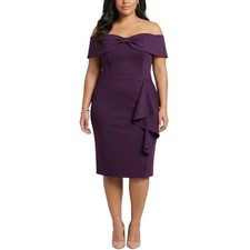 XSCAPE Women's Cocktail Dress Size 16 Purple Off the Shoulder Ruffled Sheath