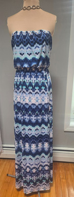 Three Pink Hearts Trixxi L Blue Navy Strapless Maxi Dress Boho Print 50'' Long