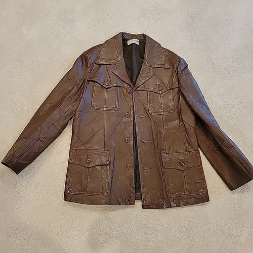 Giacca patchwork pelle vintage anni 60-70 uomo 42 Woodstock patch tasca marrone - Foto 3 di 24