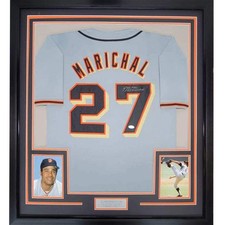 Framed Autographed/Signed Juan Marichal 33x42 San Francisco Grey Jersey JSA COA