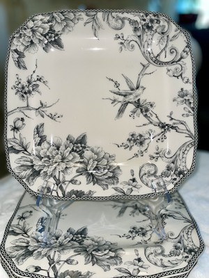222 Fifth Adelaide Grey Fine China 11'' Square Dinner Plates Set of Four New