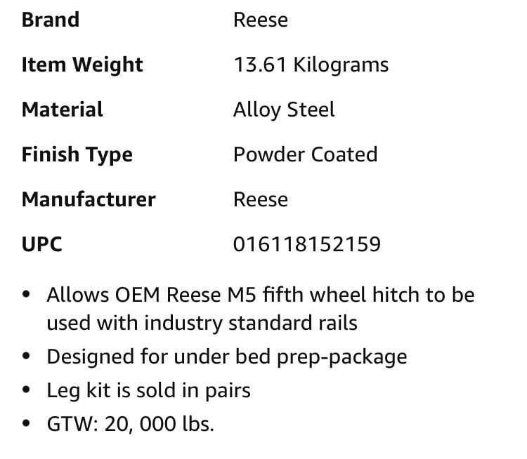 Reese M5™ Fifth Wheel Hitch Leg Kit 20,000 lbs. Industry Standard Mount 30926