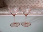 Vtg 2 PINK Depression Etched Banded CORDIAL GLASSES 2 OZ. 4.5" X 2"