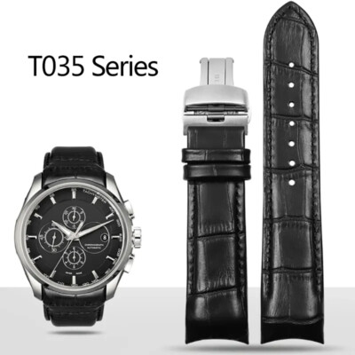 For Tissot 1853 T035 Butterfly Buckle Strap Leather Curved End Watchband