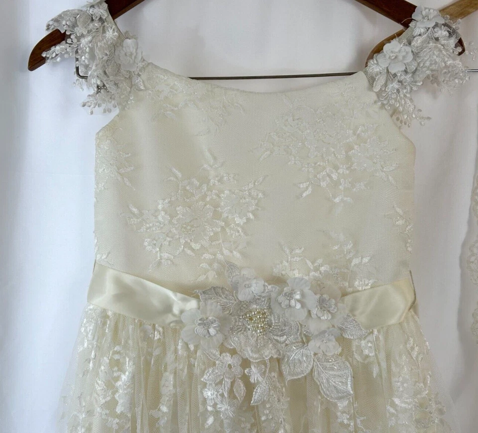 Niña Amalea Marfil, Encaje, Vestido Largo de Comunión y Velo, Faja de Satén a Juego Talla 8 Foto 2 de 4