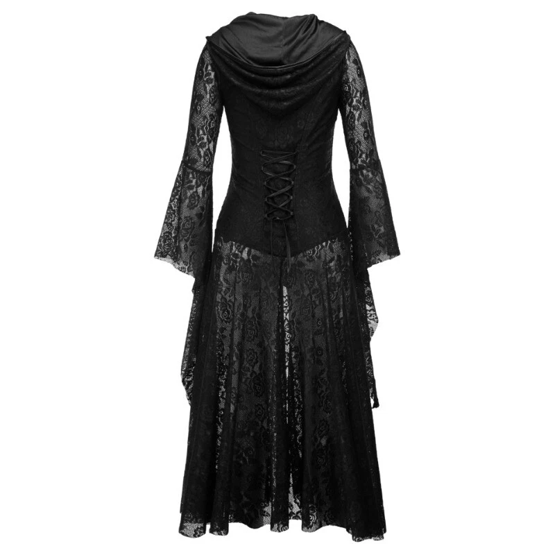 Femme Gothique Dentelle Robe Long Steampunk à Capuche Évasé Manche Pur Punk Noir - Photo 4/4