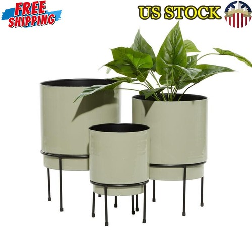 10 In Gray Metal Planter W/ Removable Stand Drainage Holes Rod Leg Stands Round