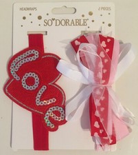 Baby Girl Headwraps 2 Pieces Red  Love  Sequins Heart White Pink Layered Ribbons
