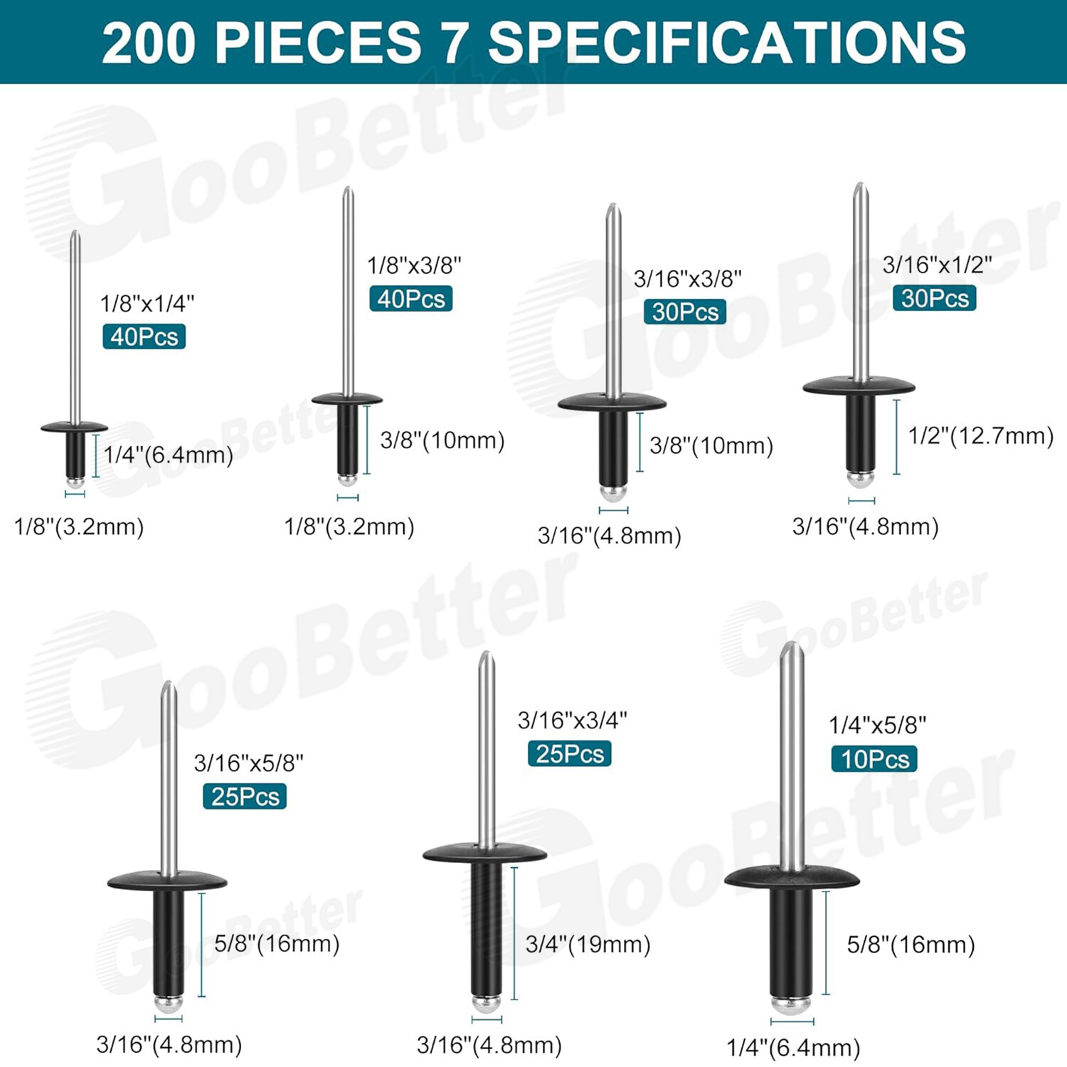 200PCS Pop Rivets Assortment Large Flange Aluminum Blind Rivets 1/8" 3/16" 1/4"
