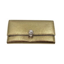 Alexander McQueen Gold Metallic Leather Flap Skull Wallet Made In Italy NWOB
