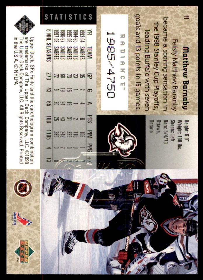 1998-99 SPx Finite Radiance #11 Matthew Barnaby /4750 - Image 2 of 2