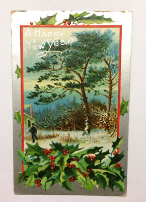 New Year Postcard Embossed Holly Silver c1910
