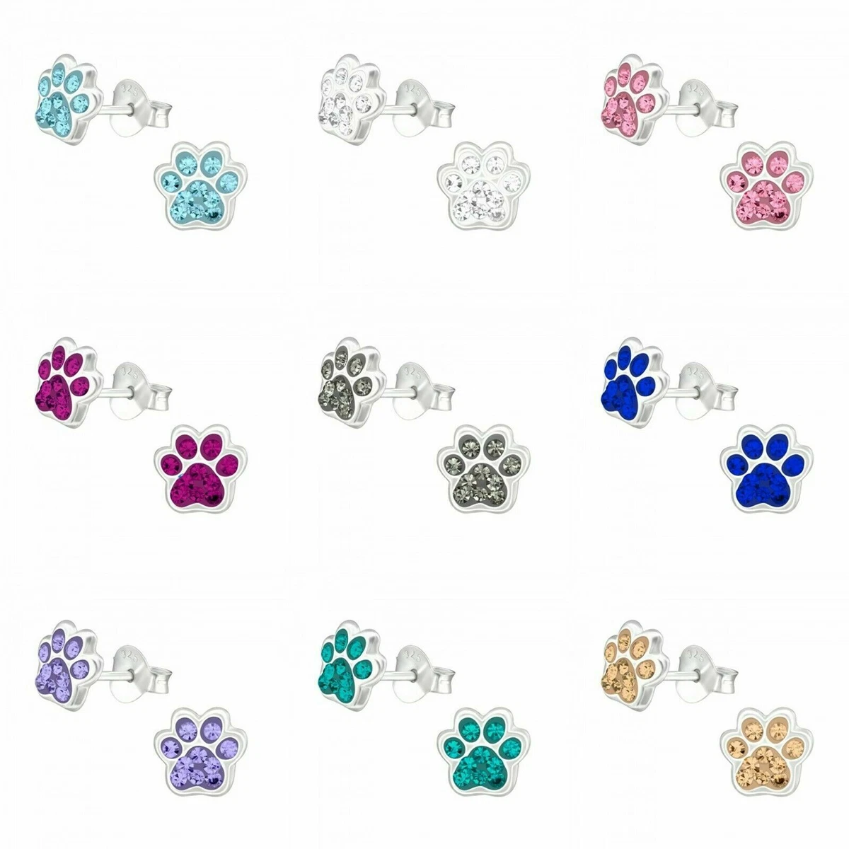Turquoise Paw Print 14K Solid Gold Stud Earrings Pavé Real