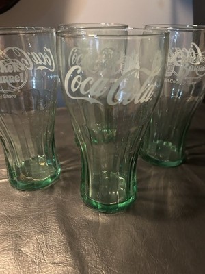 Coca Cola & Cracker Barrel Old Country Store 7'' Glass Set- 20oz Green Glass