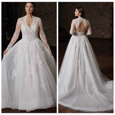 Royal Lace Bridal Wedding Dress Long Sleeve Tailored White 34-60
