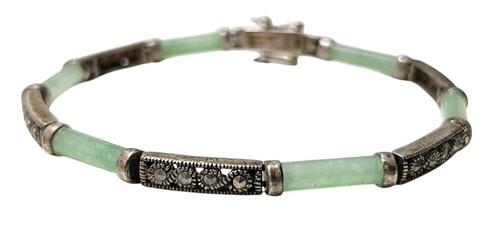Brazalete de eslabones de plata esterlina de jadeíta verde barra de barril con cuentas de marcasita 7,5 - Imagen 2 de 14