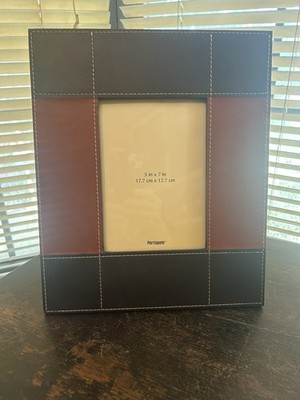 NOS w/o Tags Pier 1 Brown Faux Leather 5x7 Photo Frame Tan Stitched Stand Up Vtg
