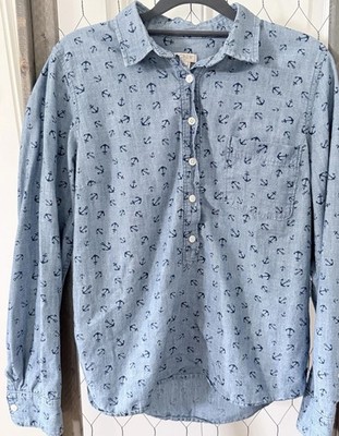 J.CREW Womens Medium Chambray Anchor Print Button Front Shirt Blue Coastal