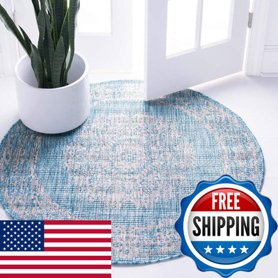 Unique Loom Outdoor Traditional Collection Area Rug - Timeworn 4 1 Round Light