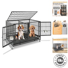 Space-Saving 43" Dog Crate - Durable Cage with Stainless Steel Bowls and Tray