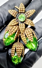 Sprig Floral Green Glass Brooch. C Clasp 30s Era Made In Germany