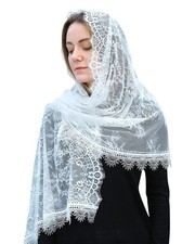 Rectangular Church Veils for Women: White Spanish Floral Lace Chapel Veil Sca...