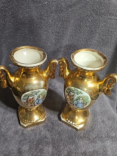 3 PC Vintage Courting Scene Vase 22kt Gold "Weeping" Gold Porcelain Circa 1940 - Picture 16 of 19