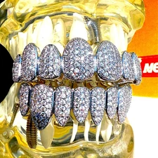 Grillz Set Silver Tone Iced Out 8 Top 8 Bottom CZ Teeth Hip Hop Bling Kit