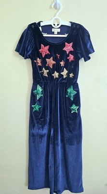 NWOT Little Bird Navy Velvet Sequin Party Star Jumpsuit, Sz 6/7-9/10