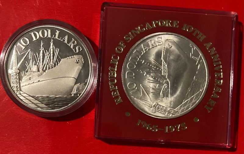 Two 1975 Singapore 10th Anniversary Silver 10 Dollars, UNC and Proof