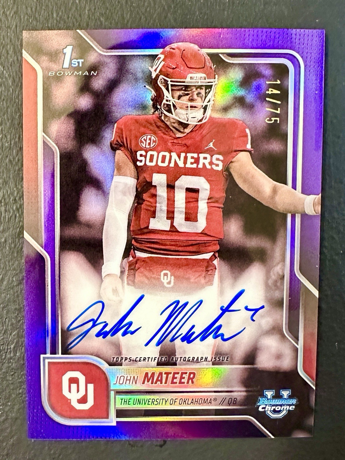 2025 Bowman U Chrome John Mateer Purple Auto /75 ON-CARD 1st Oklahoma BCA-JM