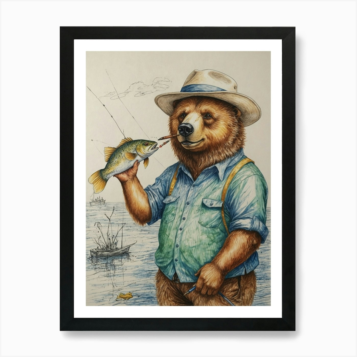 Bear Fishing 1 Art Print Framed Wall Art Poster Canvas Print Picture