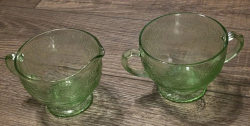 Hazel Atlas Florentine 1 Open Sugar Bowl Creamer Green Uranium Vaseline Glass