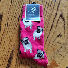 Socksmith Women s Pink Pug Dog Graphic Cotton Crew Socks Size L New Tags