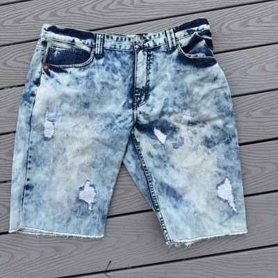 Level 7 Mens shorts 40 Denim Cotton Distressed Raw Hem Acid Wash Long Length