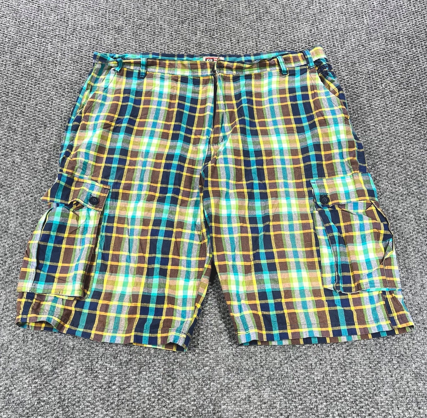 Vintage Phat Farm Cargo Shorts Mens 38 Blue Green Baggy Plaid Y2K 90s Hip Hop