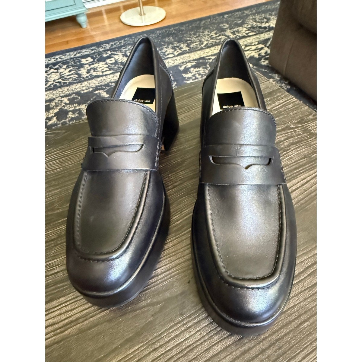 NWOT Dolce Vita Yanni Black Leather Platform Heeled Loafters Sz. 9