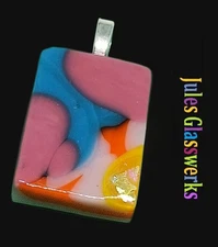 Hand Crafted  Fused Glass Pendant Necklace W/ Chain  #1320 Funky Retro 