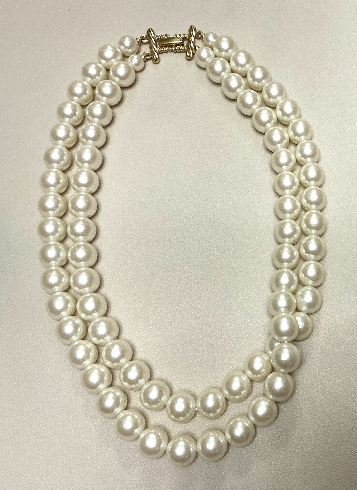 Ivory Large Faux Pearl Double Strand Statement Necklace Gold-tone Clasp Vintage