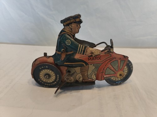 30's 1940's  First Edition MARX  ROOKIE COP TIN WIND UP MOTORCYCLE - WORKING VTG - Picture 10 of 17
