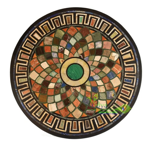 2´ Black Marble Table Top Round Dining Table Multi Stone Mosaic Inlay Home Decor