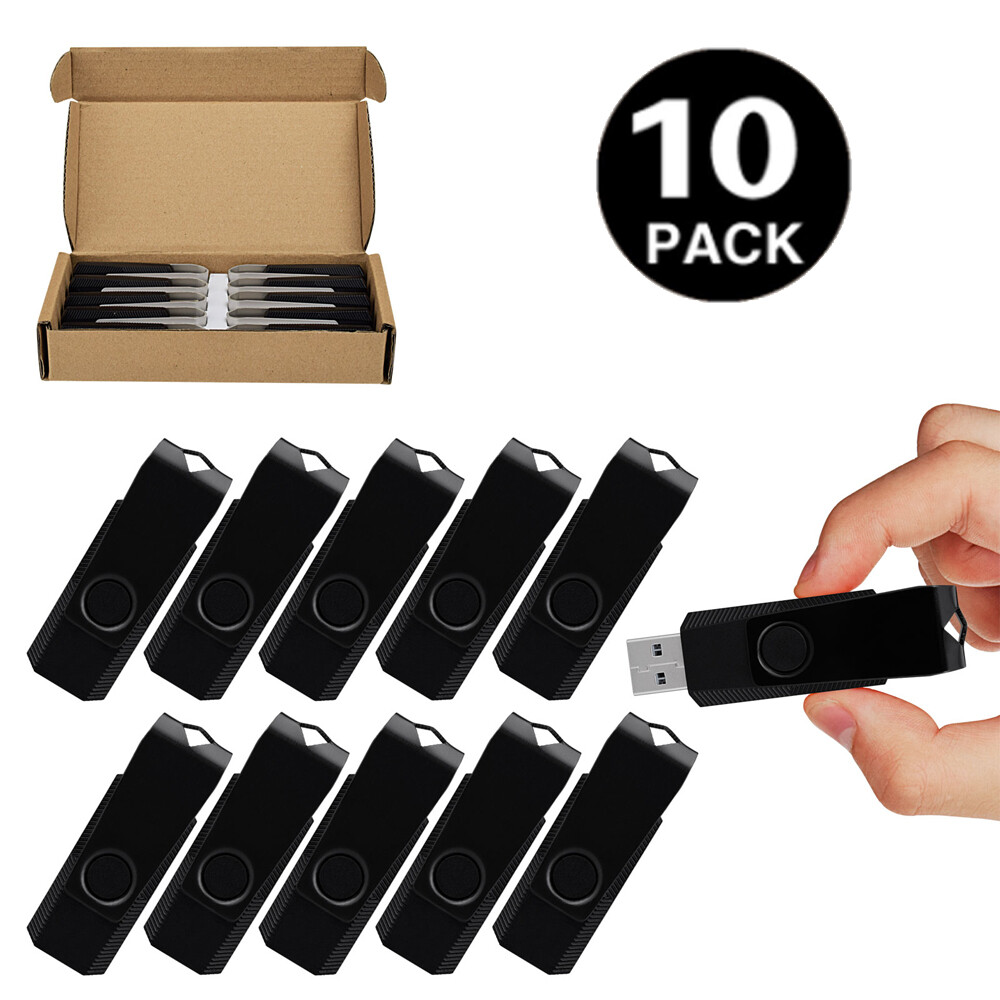 10-Pack 2GB Swivel USB 2.0 Flash Drives - Rotating Black Thumb Drives For Laptops & PCs