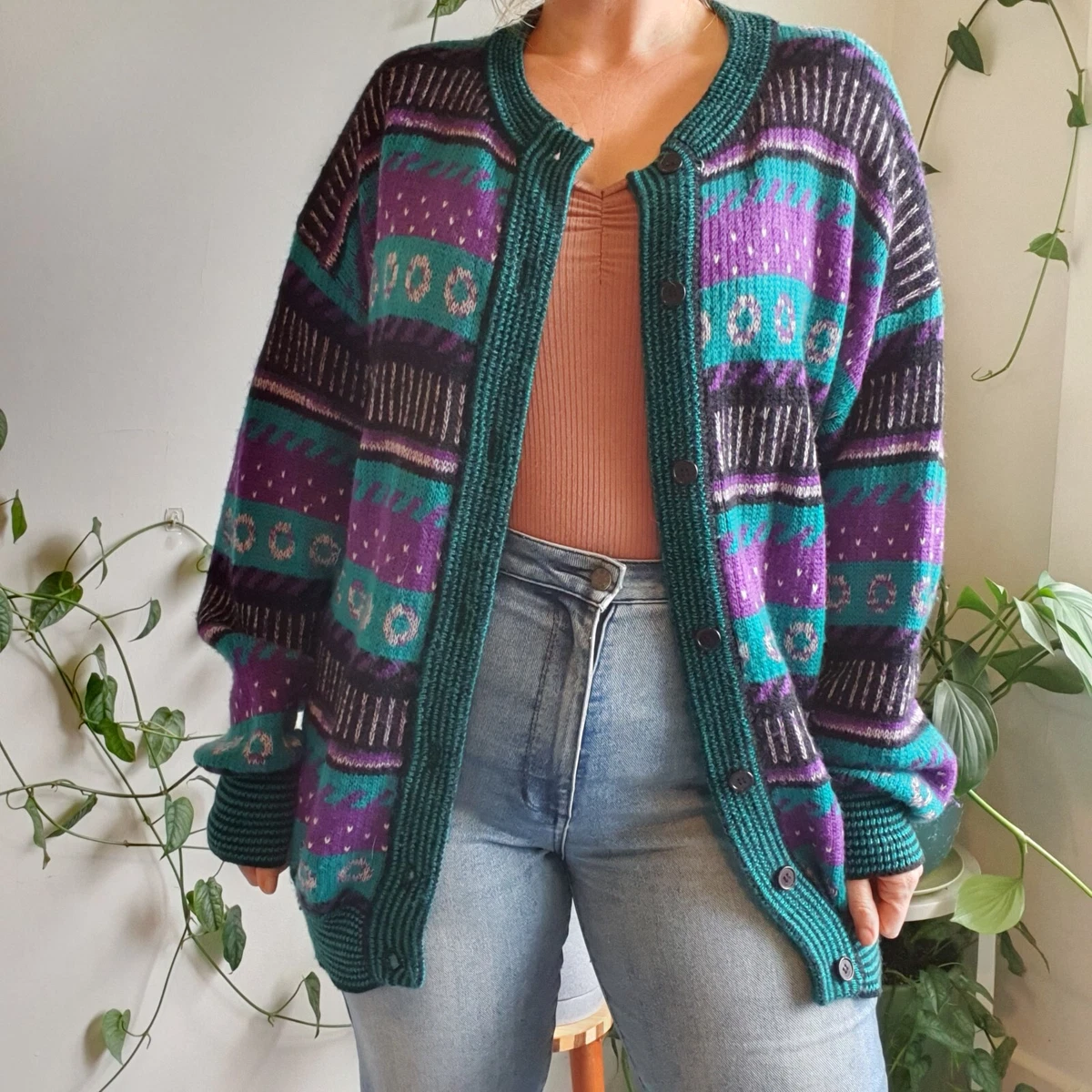 Vintage 80s-90s Pure Wool Chunky Cardigan M Unisex Long Purple